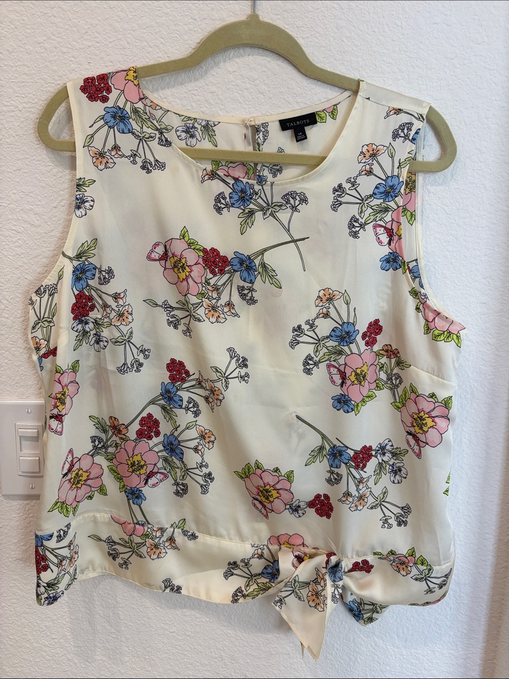 Talbots Cream Floral Tie-Front Sleeveless Top